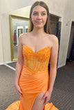 Mermaid Sweetheart Strapless Orange Prom Dress With Slit ,DS108-Daisybridals