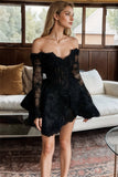 Off-Shoulder Long Sleeve Black Homecoming Dress With Beading,DH211-Daisybridals