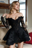 Off-Shoulder Long Sleeve Black Homecoming Dress With Beading,DH211-Daisybridals