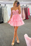 A-line Appliques Strapless Multi-Layers Pink Homecoming Dress,DH166