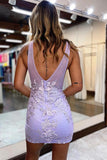 Plunging V-Neck Lavender Appliques Illusion Homecoming Dress,DH178-Daisybridals