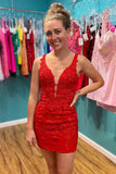 Lace Appliques Plunge V Neckline Red Homecoming Dress,DH125