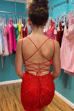 Red Appliques Plunge V Neckline Lace Up Homecoming Dress PD465 - Daisybridals