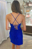 Royal Blue Cowl-Neck Lace-Up Short Homecoming Dress PD482-Daisybridals