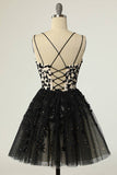Straps Black Appliques Short Prom Dress Homecoming Dress with Sequins  PD475-Daisybridals