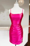 Straps Fuchsia Ruched Bodycon Tight Satin Homecoming Dress PD476-Daisybridals
