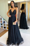 V Neck Black Tulle Prom Dress,Shiny Backless Evening Dress,WP015