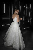 A Line Beach Wedding Dress V Neck Sequins Ivory Wedding Gowns,DW017-Daisybridals