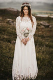 A-Line Bateau Floor Length Rustic Wedding Dress with Long Sleeves,DW031-Daisybridals