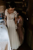 A Line Bateau Long Sleeve Rustic Wedding Dresses Beach Bridal Dress,DW015-Daisybridals