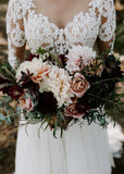 A Line Bateau Long Sleeve Rustic Wedding Dresses Beach Bridal Dress,DW015-Daisybridals