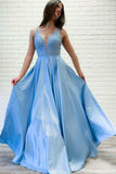 A-Line Satin V-neck Lace Sleeveless Long Blue Prom Dress,DS139