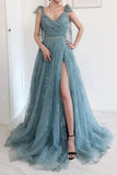 A-line Bow Tie Straps Party Dress Lace High Split Prom Dress,DS131