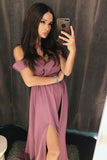 A-Line Cold Shoulder Purple Satin Prom Party Dress with Split PG681 - Pgmdress