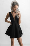 A-Line Deep V-Neck Short Cut Out Black Homecoming Dress,DH153-Daisybridals