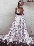 A-Line Deep V-Neck Sweep Train Pink Tulle Prom Dress with Flowers PG777 - Pgmdress