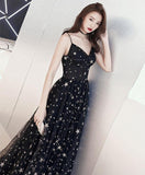 A-line Floor-length Star Lace Beautiful Long Black Chic Prom Dress PSK173 - Pgmdress