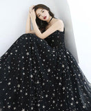 A-line Floor-length Star Lace Beautiful Long Black Chic Prom Dress PSK173 - Pgmdress