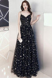 A-line Floor-length Star Lace Beautiful Long Black Prom Dress,DS134