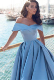 A-line Glamorous Off Shoulder Blue Long Prom Dress With Slit,DS175-Daisybridals