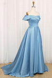 A-line Glamorous Off Shoulder Blue Long Prom Dress With Slit,DS175-Daisybridals