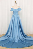 A-line Glamorous Off Shoulder Blue Long Prom Dress With Slit,DS175-Daisybridals