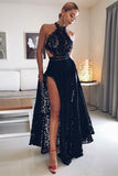 A-Line Halter Floor Length Lace Black Prom Dress with Split,DS217-Daisybridals