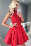 A-line Halter Sleeveless Short Red Homecoming Dress with Lace,DH152