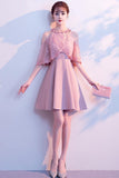 A-line High Neck Satin Pink Homecoming Dress Party Dress,DH142