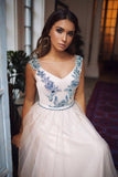 A-Line Illusion Neck Pink Sweep Train Backless Prom Dress with Appliques PG790 - Pgmdress