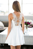 A-Line Jewel Short White Satin Homecoming Dress with Lace,DH147-Daisybridals