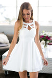 A-Line Jewel Short White Satin Homecoming Dress with Lace,DH147