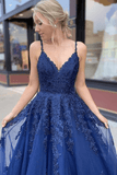 A-line Tulle Lace Navy Blue Prom Dress Long Evening Dress,DS144-Daisybridals