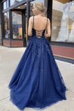 A-line Tulle Lace Navy Blue Prom Dress Long Evening Dress,DS144-Daisybridals