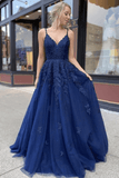 A-line Tulle Lace Navy Blue Prom Dress Long Evening Dress,DS144-Daisybridals