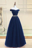 A-line Off The Shoulder Navy Blue Prom Dress With Beading,DS146-Daisybridals