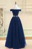 A-line Off The Shoulder Navy Blue Prom Dress With Beading,DS146-Daisybridals