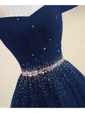 A-line Off The Shoulder Navy Blue Prom Dress With Beading,DS146-Daisybridals