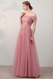 A-line Off-the-shoulder Pink Tulle Prom Dress Evening Dress,DS187-Daisybridals