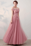 A-line Off-the-shoulder Pink Tulle Prom Dress Evening Dress,DS187-Daisybridals