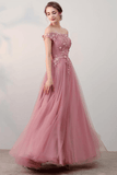 A-line Off-the-shoulder Pink Tulle Prom Dress Evening Dress,DS187-Daisybridals