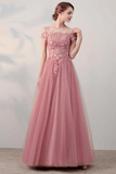 A-line Off-the-shoulder Pink Tulle Prom Dress Evening Dress,DS187-Daisybridals