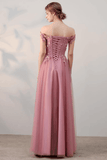 A-line Off-the-shoulder Pink Tulle Prom Dress Evening Dress,DS187-Daisybridals