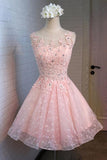 Round Neck Beaded Pink Homecoming Dress Cocktail Dress,DH162
