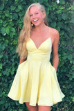 A-line Satin Short Prom Dress Yellow Homecoming Dress with Pockets,DH143