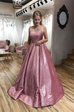 A-line Spaghetti Straps Sparkly Pink Prom Dress with Pockets,DS169-Daisybridals