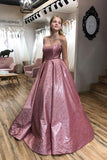 A-line Spaghetti Straps Sparkly Pink Prom Dress with Pockets,DS169-Daisybridals