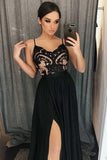 A-Line Spaghetti Straps Black Long Prom Dress with Lace Split,DS200-Daisybridals