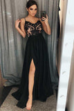 A-Line Spaghetti Straps Black Long Prom Dress with Lace Split,DS200-Daisybridals