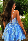 A Line Spaghetti Straps Blue Homecoming Dress With Appliques,DH149-Daisybridals